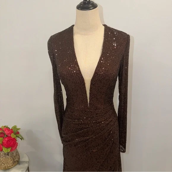 IEENA Mac Duggal Chocolate Brown Sequins Embellished Long Sleeve High Slit Gown